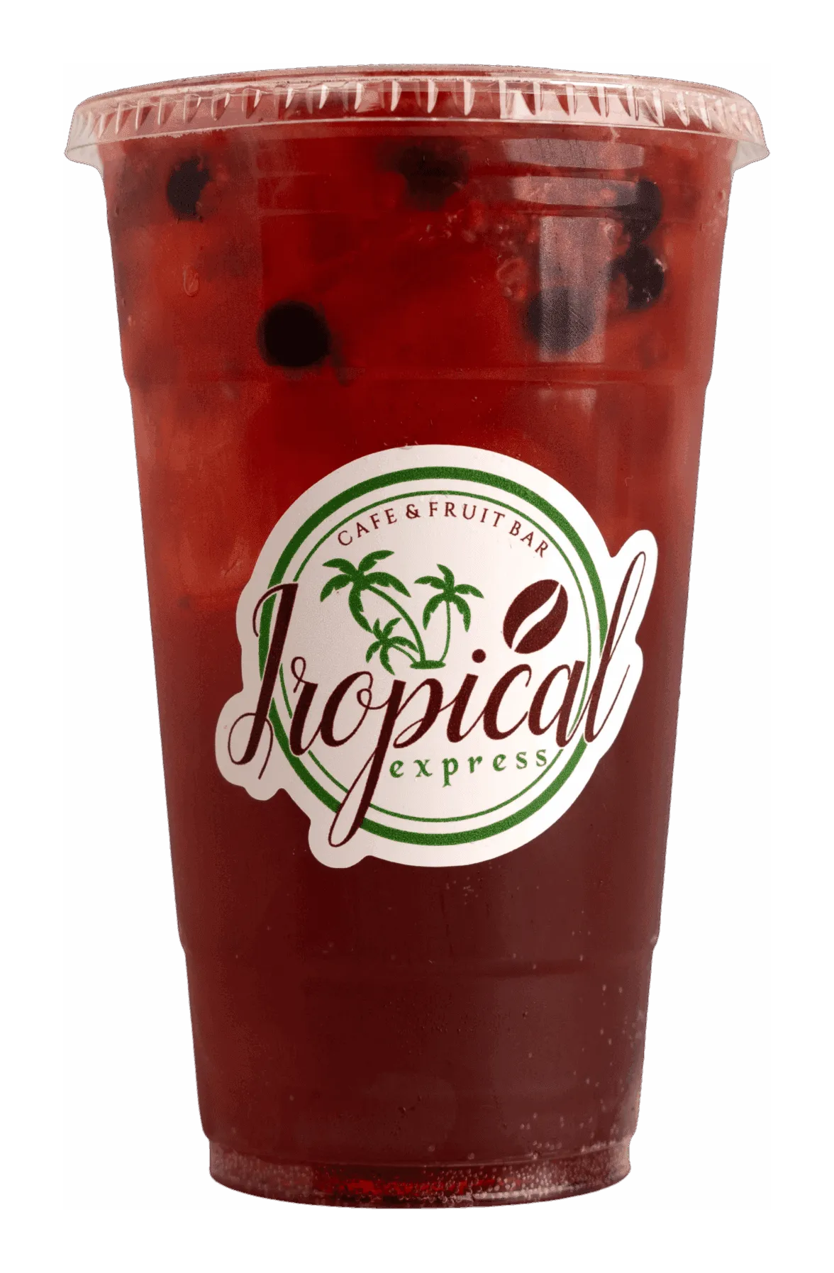 A Tropical Express cup of blue raspberry energy drink over ice