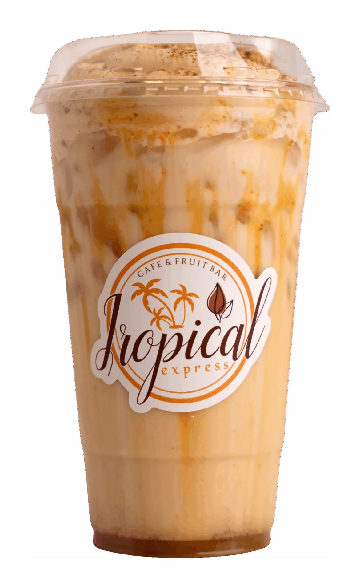 A Tropical Express iced caramel latte over ice