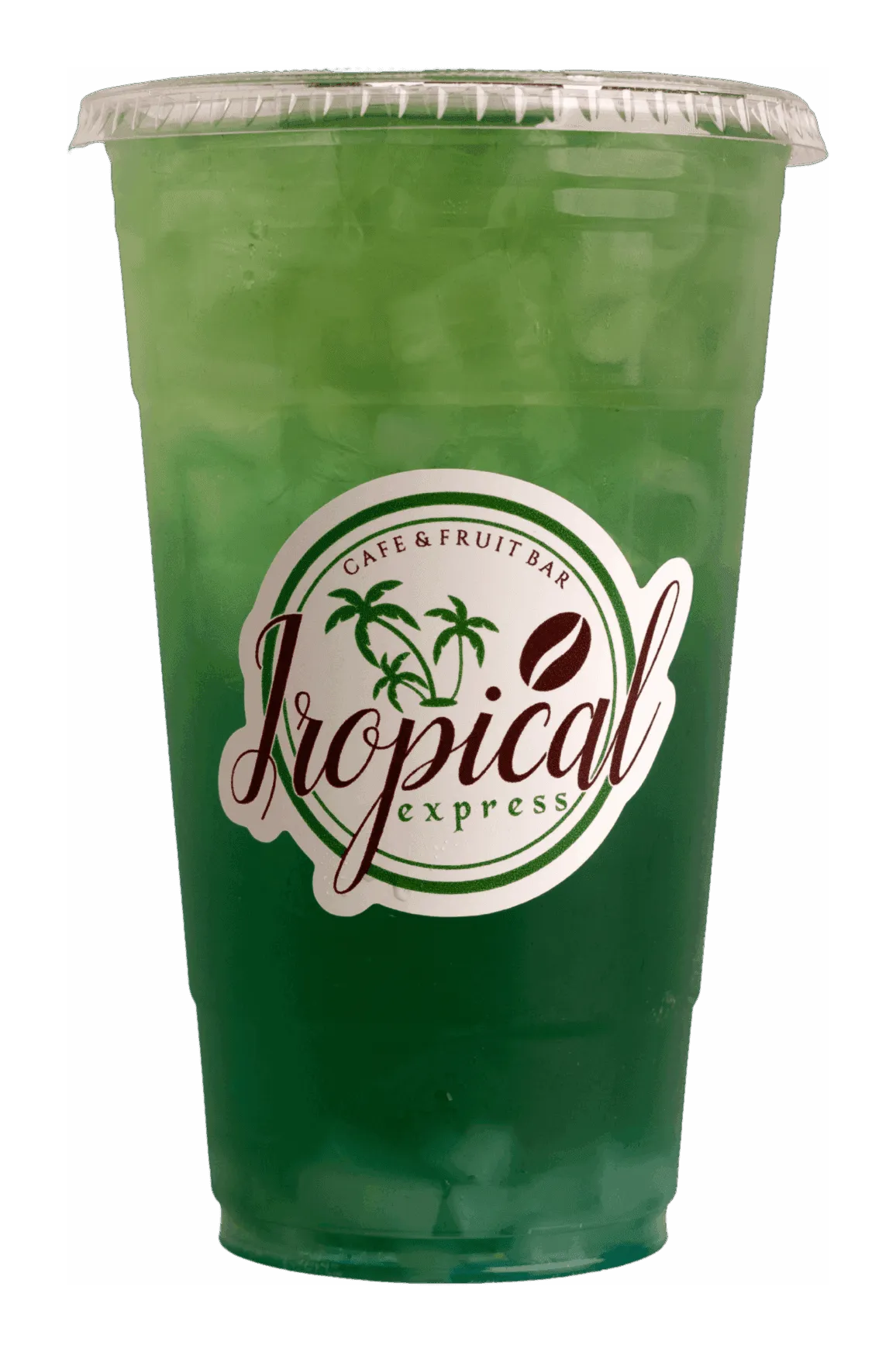 A Tropical Express cup of bright green energy drink over ice