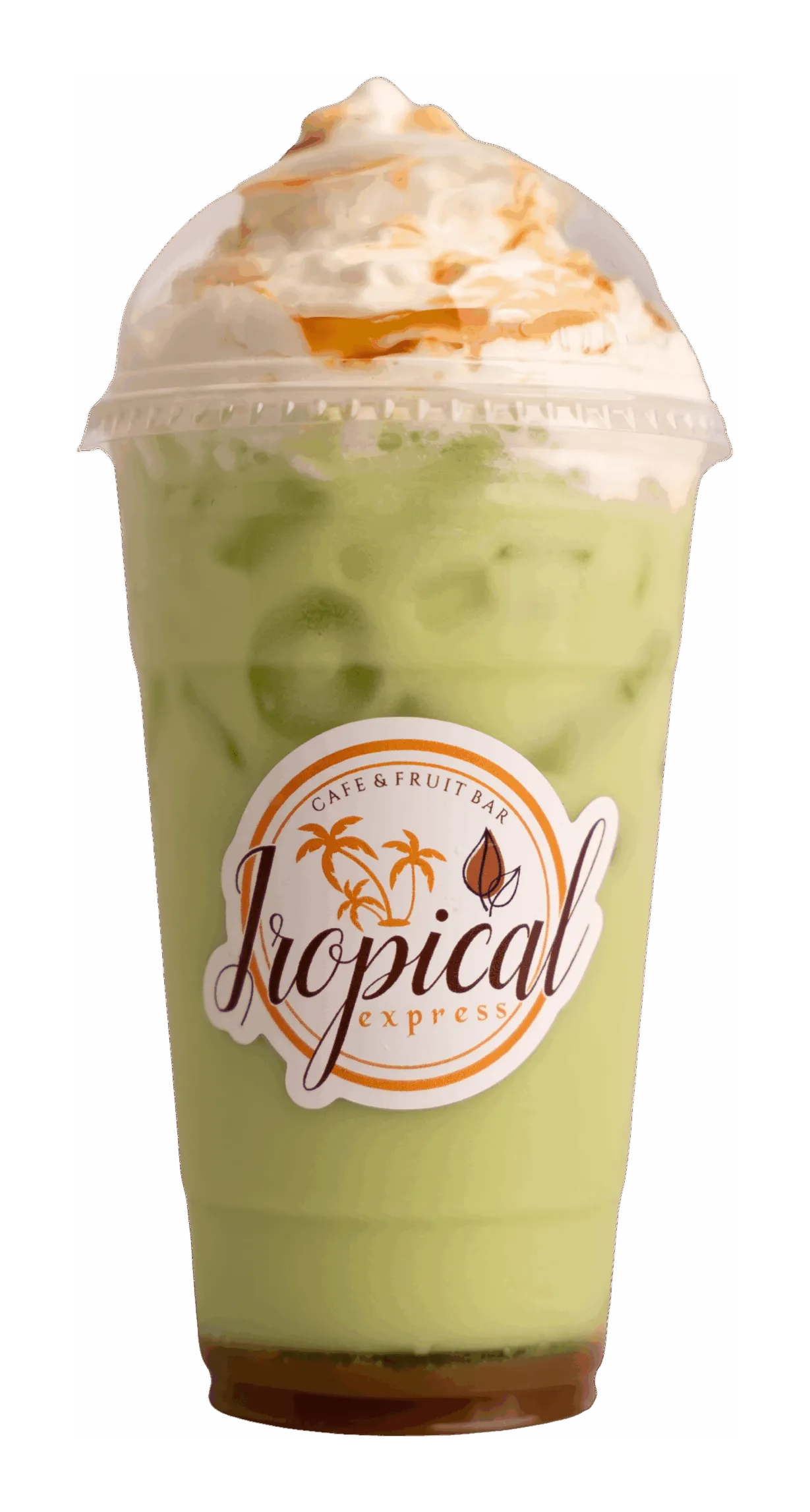A Tropical Express matcha frappe topped with whipped cream