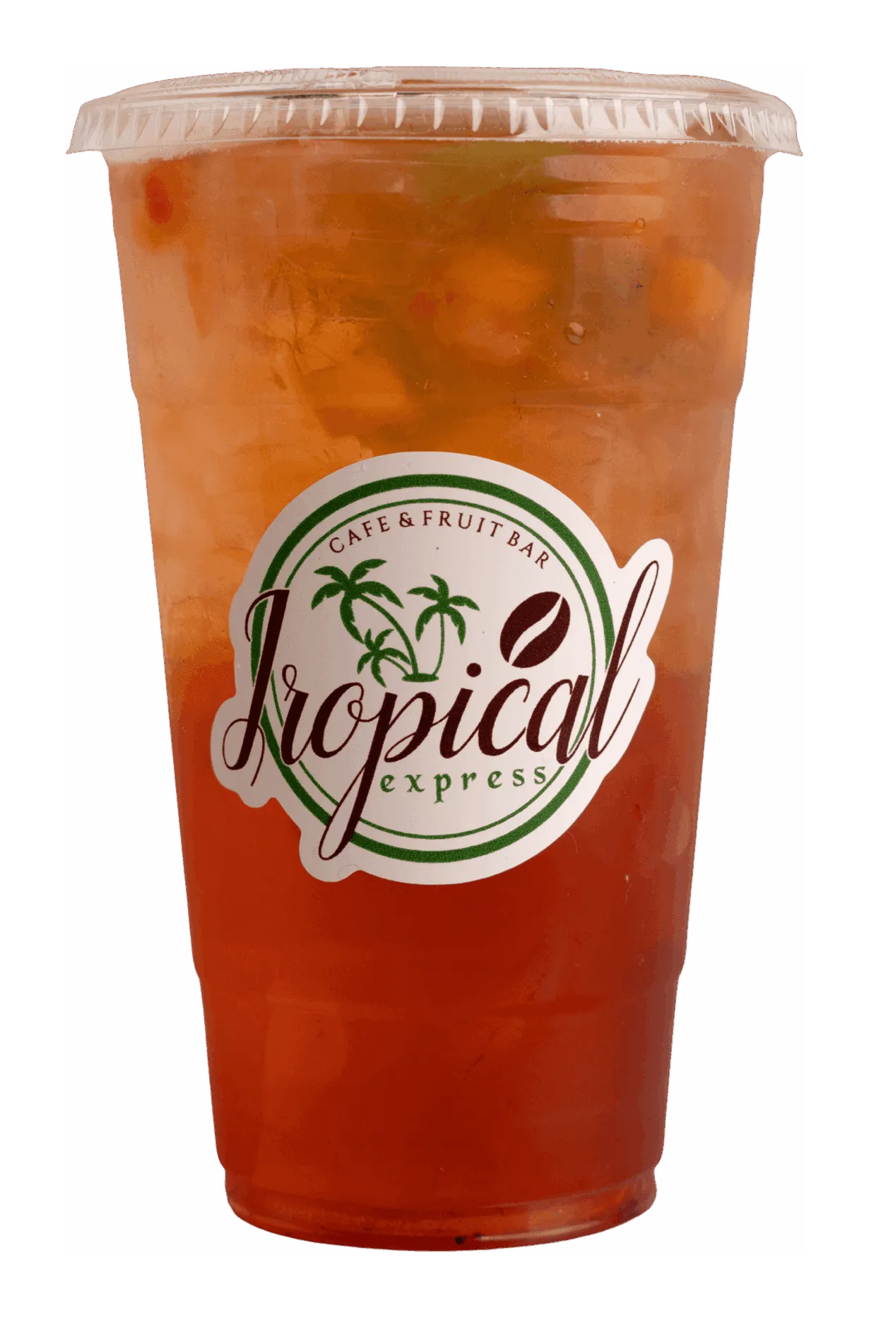 A Tropical Express cup of bright orange citrus drink over ice